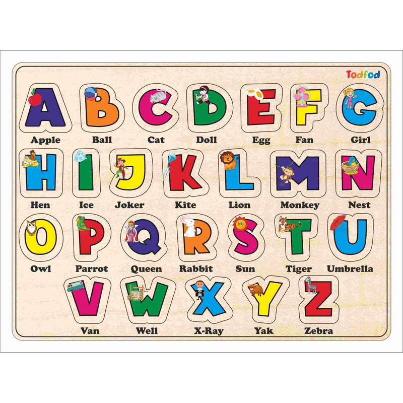 Wooden English Alphabets Puzzle Toy for Kids & Children, English Alphabets with Knob, Multicolor Pictures, Educational and Learning Boards