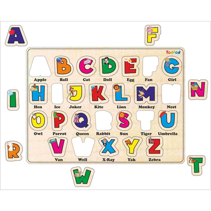 Wooden English Alphabets Puzzle Toy for Kids & Children, English Alphabets with Knob, Multicolor Pictures, Educational and Learning Boards