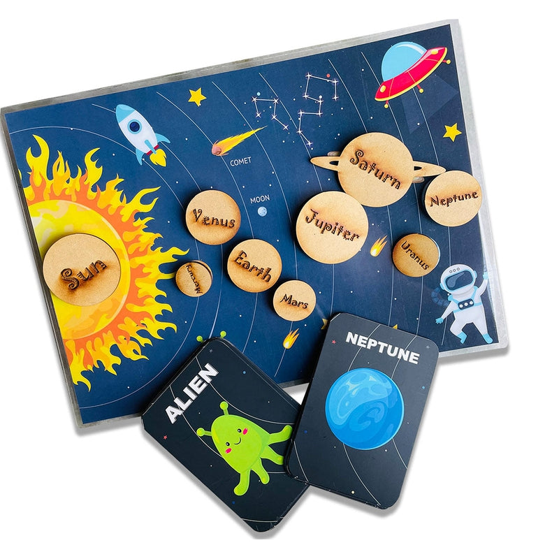 Solar System Flashcard with Space Board Activity (Contain Wooden Planets)