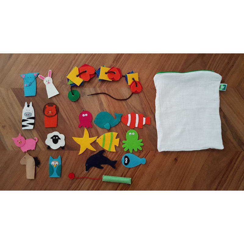 Busy Bag with 3 Learning Activities - Animal Finger Puppet, Lacing & Fishing Activity (1-4 Years)