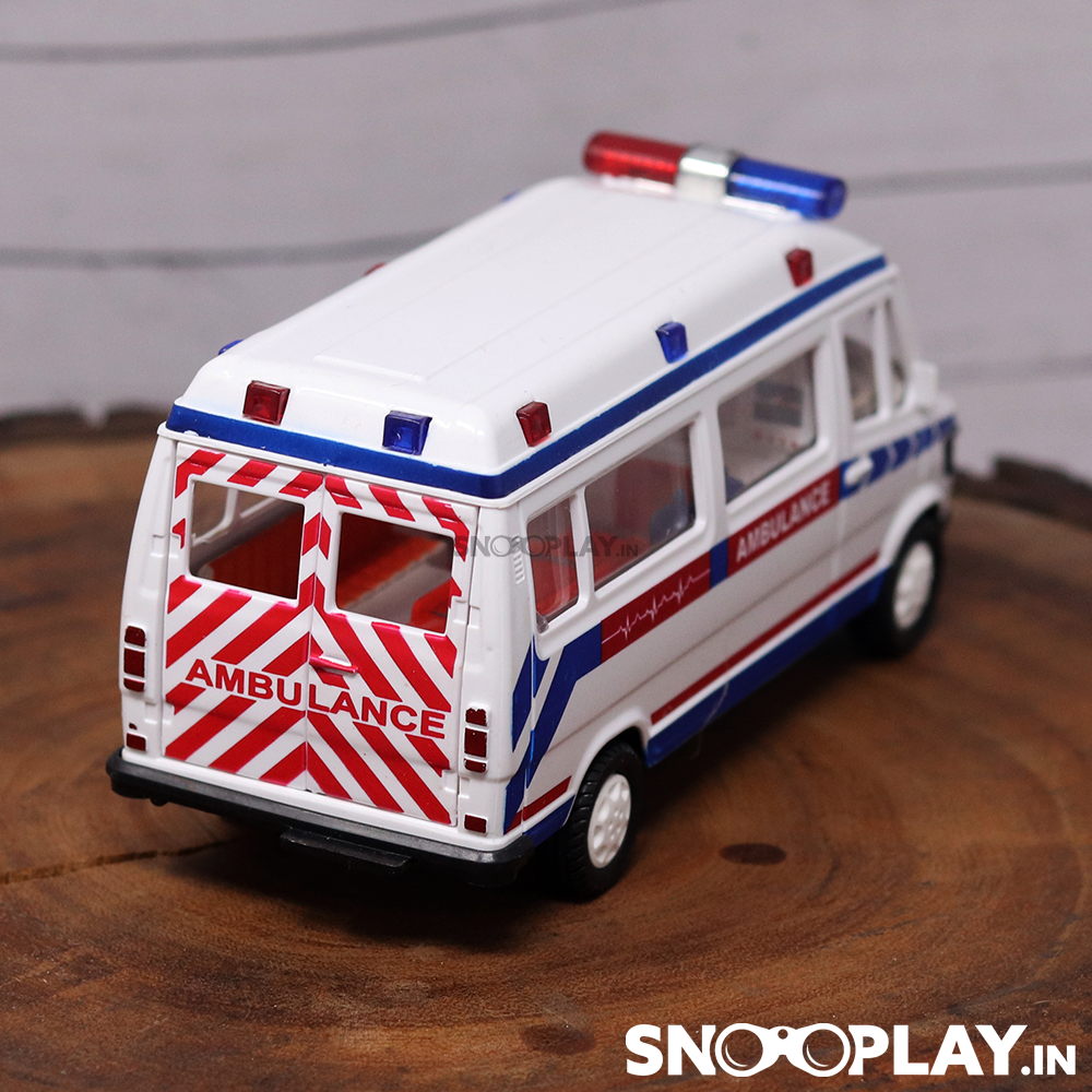 The back side of the TMP Ambulance toy car with the word Ambulance written on it to give it a more real look.