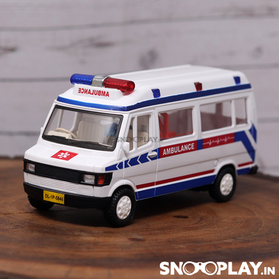 TMP Ambulance toy car, white in colour, with a pull back feature.