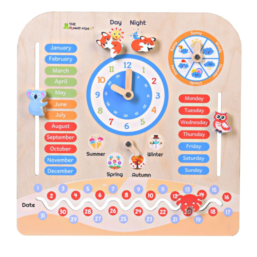 7 in 1 Birch Wooden Activity Teaching Clock and Calendar - 10 "