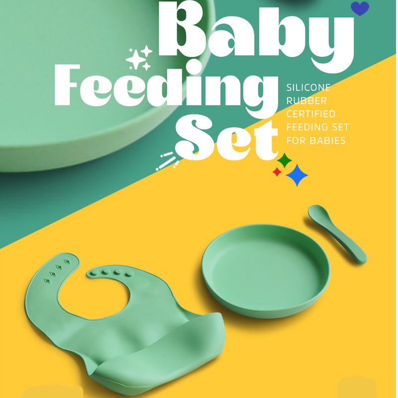 3 Piece Certified Silicone Baby Feeding Set (Microwave & Dishwasher Safe) - Green