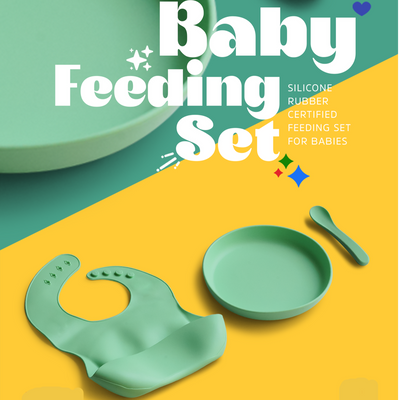 3 Piece Certified Silicone Baby Feeding Set (Microwave & Dishwasher Safe) - Green