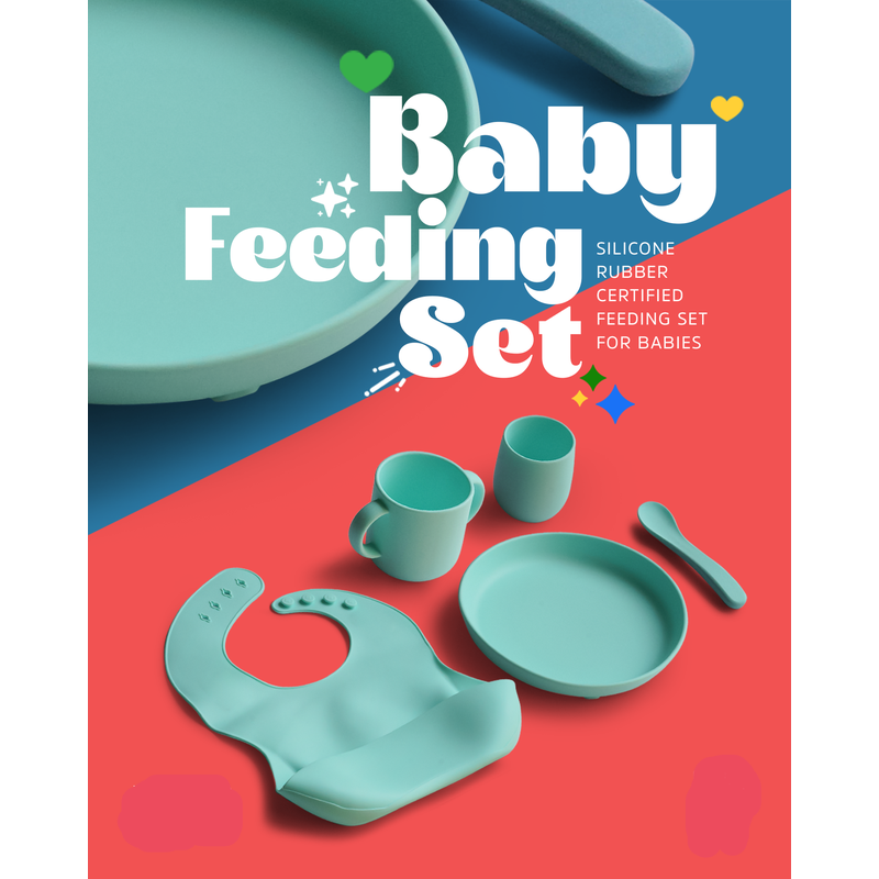 5 Piece Certified Silicone Baby Feeding Set (Microwave & Dishwasher Safe) - Blue