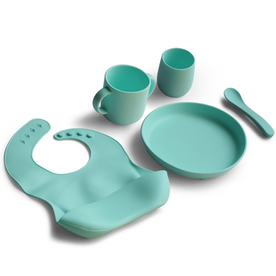 5 Piece Certified Silicone Baby Feeding Set (Microwave & Dishwasher Safe) - Blue