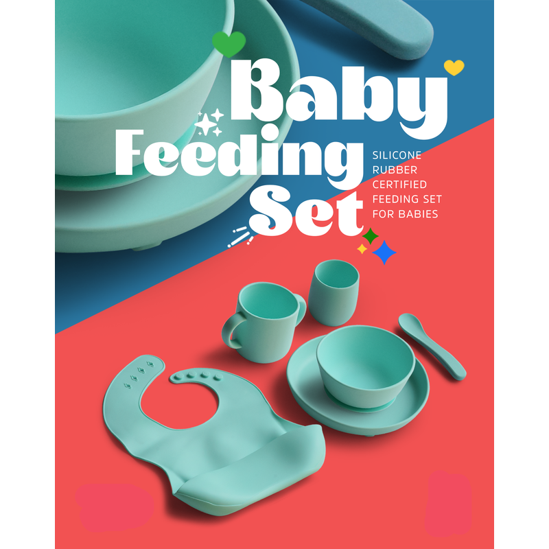 6 Piece Certified Silicone Baby Feeding Set (Microwave & Dishwasher Safe) - Blue