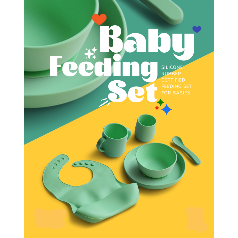 6 Piece Certified Silicone Baby Feeding Set (Microwave & Dishwasher Safe) - Green