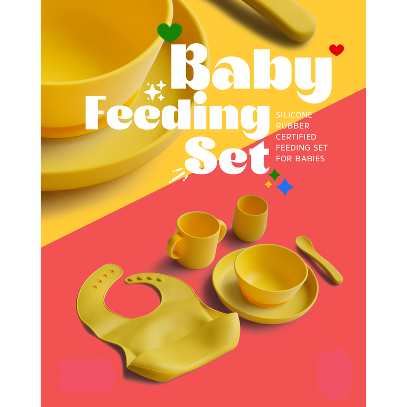 6 Piece Certified Silicone Baby Feeding Set (Microwave & Dishwasher Safe) - Yellow