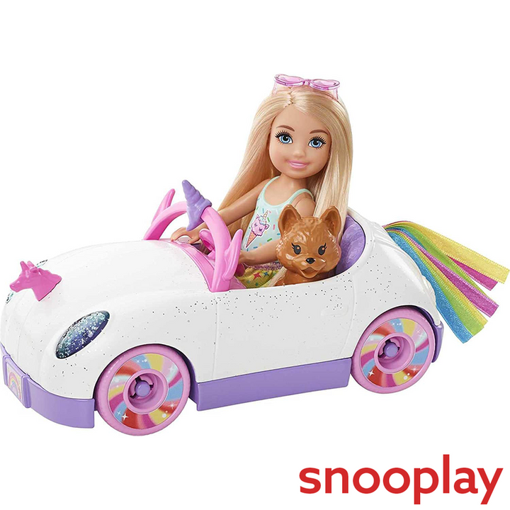 Original Barbie Chelsea Doll & Car with Open-Top Rainbow Unicorn-Themed Car, Pet Puppy, Sticker Sheet & Accessories