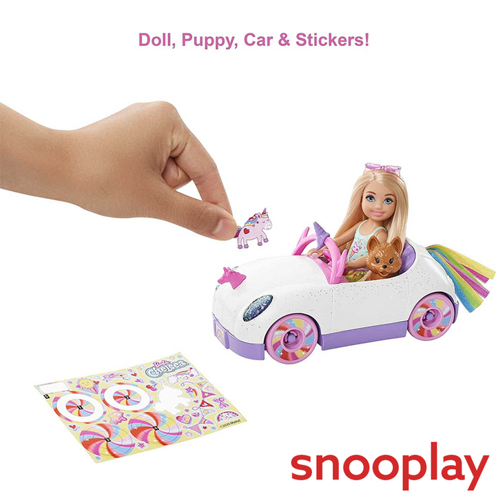 Original Barbie Chelsea Doll & Car with Open-Top Rainbow Unicorn-Themed Car, Pet Puppy, Sticker Sheet & Accessories