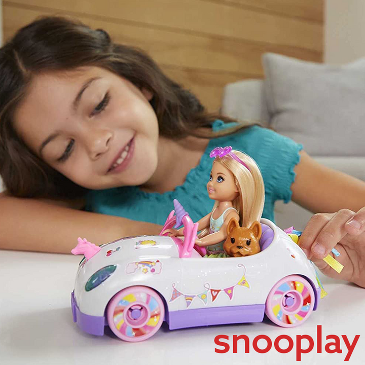 Original Barbie Chelsea Doll & Car with Open-Top Rainbow Unicorn-Themed Car, Pet Puppy, Sticker Sheet & Accessories