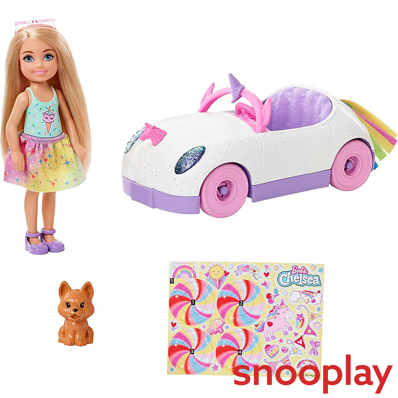 Original Barbie Chelsea Doll & Car with Open-Top Rainbow Unicorn-Themed Car, Pet Puppy, Sticker Sheet & Accessories