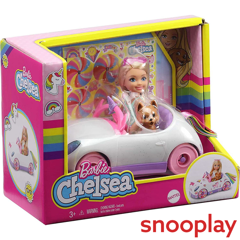 Original Barbie Chelsea Doll & Car with Open-Top Rainbow Unicorn-Themed Car, Pet Puppy, Sticker Sheet & Accessories