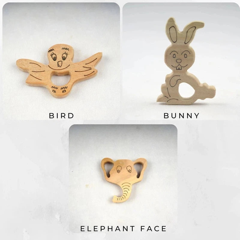 Neem Wood Teether - Bird + Elephant Face + Bunny