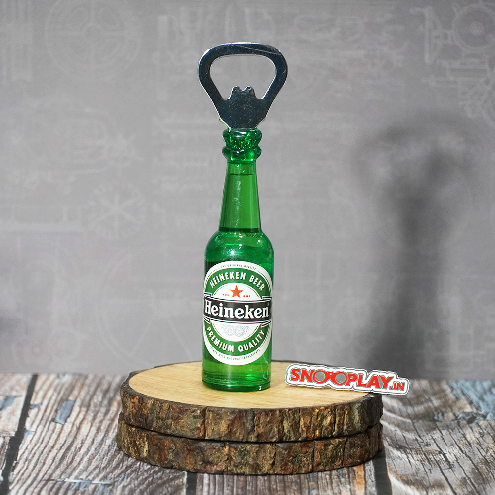 Plastic made Heineken Liquor bottle opener fridge magnet of height approx 4.8 inches.