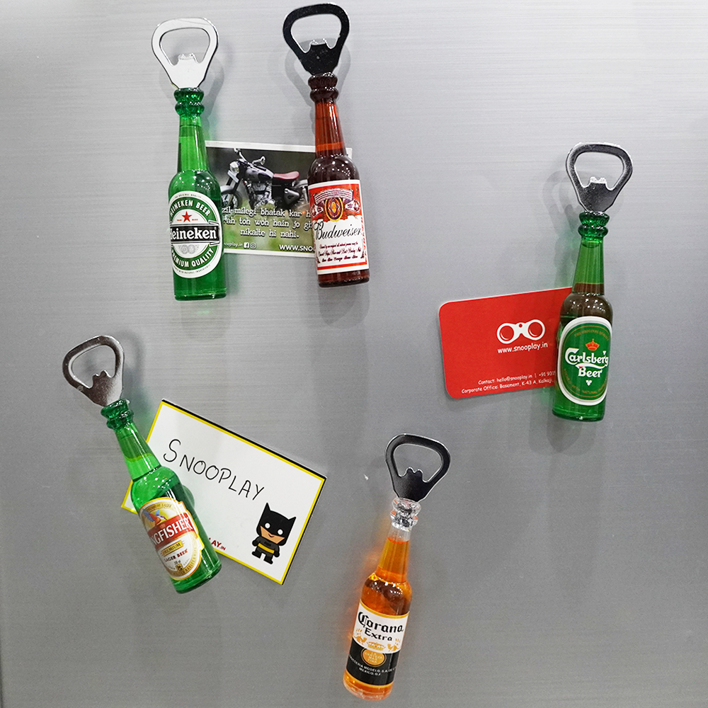 10 different designs of liquor bottle opener fridge magnets, to add a fun tp your house parties.