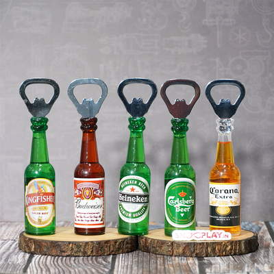 Ten different designs of liquor bottle shaped bottle openers from the Absolute to the JDs, from Buds to the King etc.