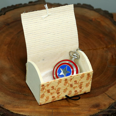 Vintage designed pocket watch inspired by captain america shield look, that comes in a vintage sized box.