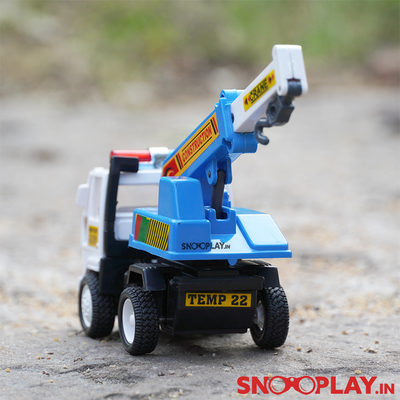 The back side of the crane toy truck that comes with a pull back feature, with blue and white detailing.