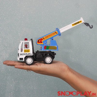 Crane toy truck of length 5.6 inches with blue and white detailing.