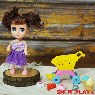 Doll with shopping cart kit playset that is filled with ice cream cones and popsicles.