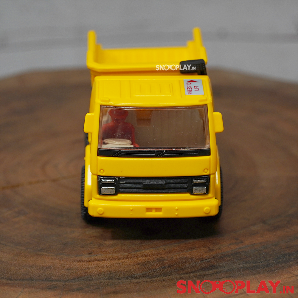 The dumper truck toy with a pull back feature that comes with a complimentary jute pouch.