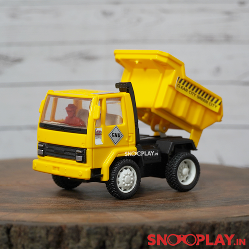 The yellow coloured  centy dumper toy truck with a pull back feature.