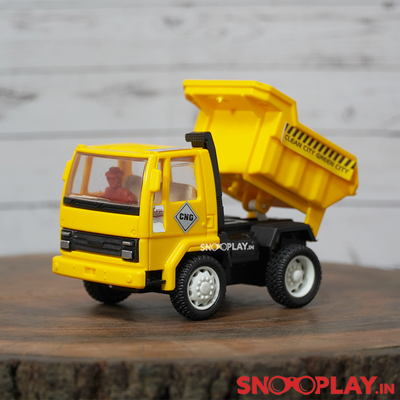 The yellow coloured  centy dumper toy truck with a pull back feature.