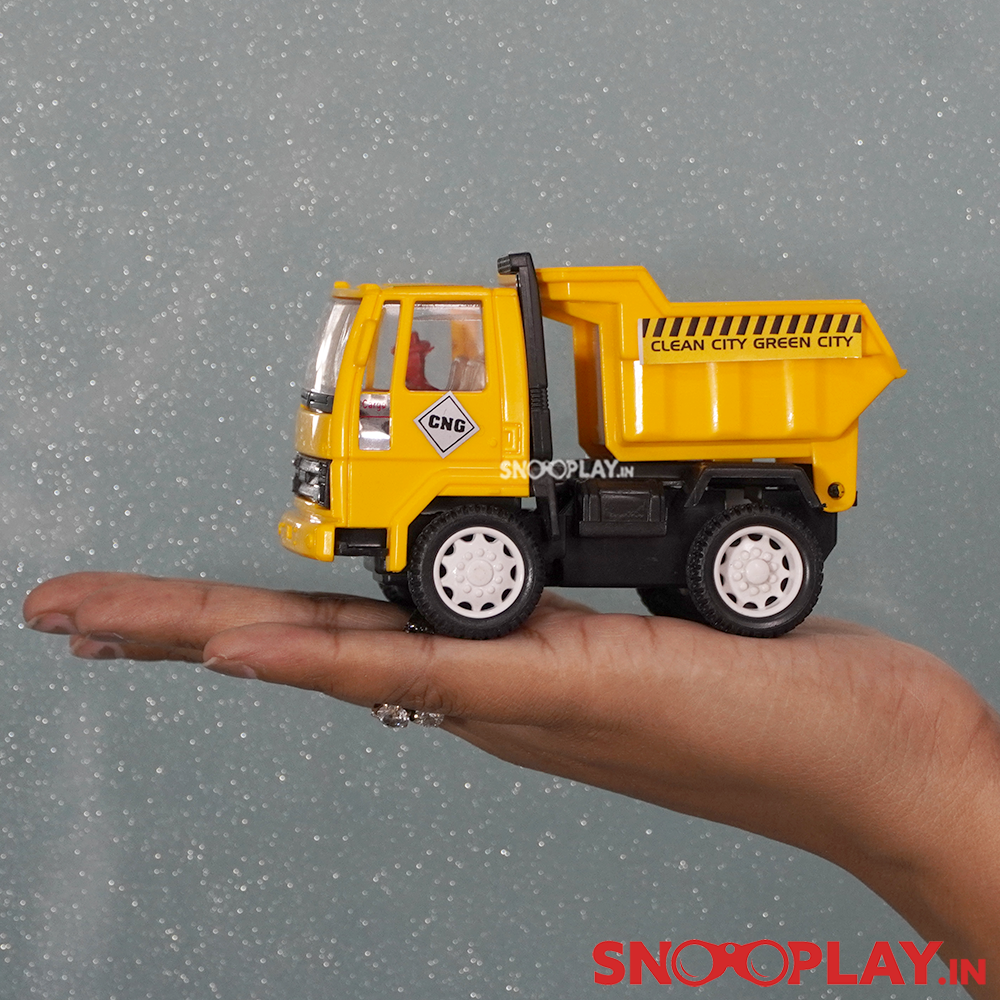 The dumper toy truck with a pull back feature of height 4.4 inches.