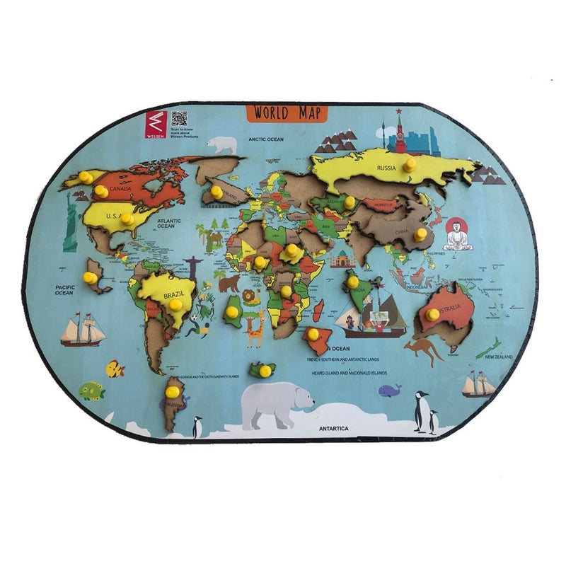 Wooden World Map learning Educational Knob Tray