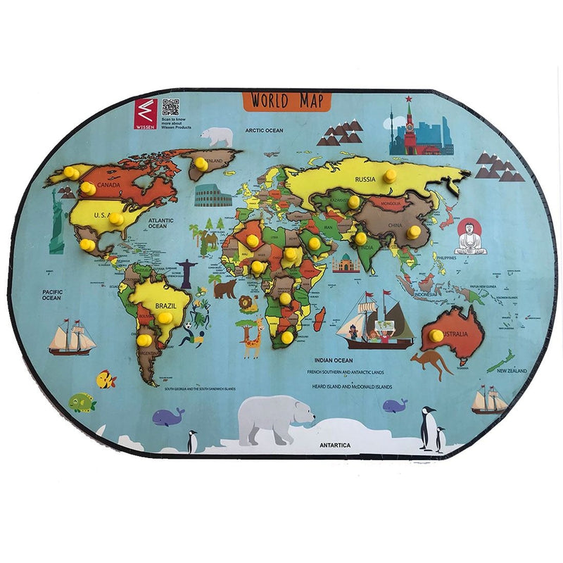 Wooden World Map learning Educational Knob Tray