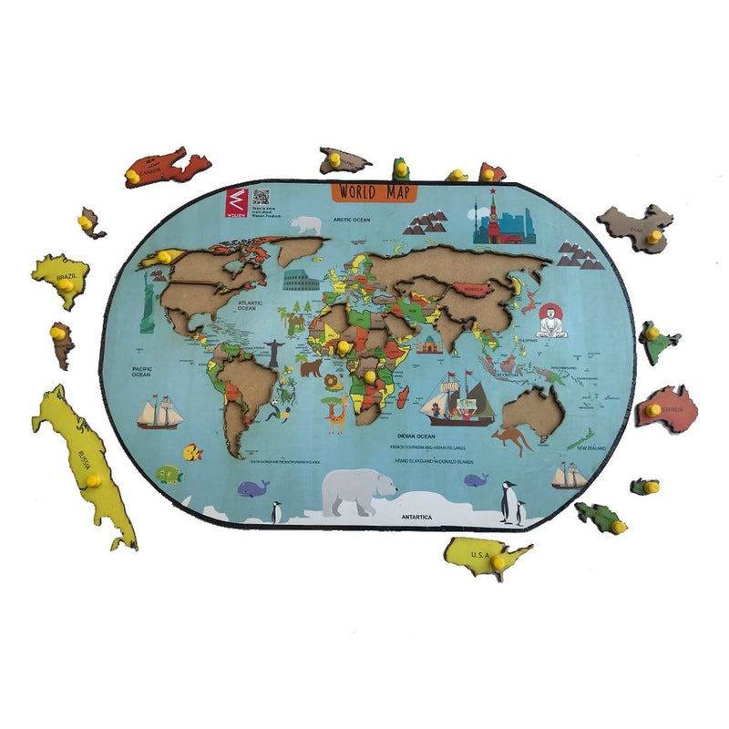 Wooden World Map learning Educational Knob Tray