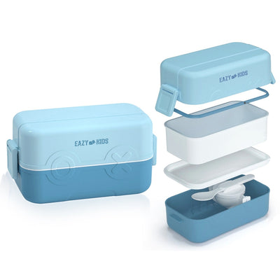 Double Decker tic-tac-toe Lunch Box w/ Bento Compartment Splitter Sauce Box and Spoon-Blue (1200ml)