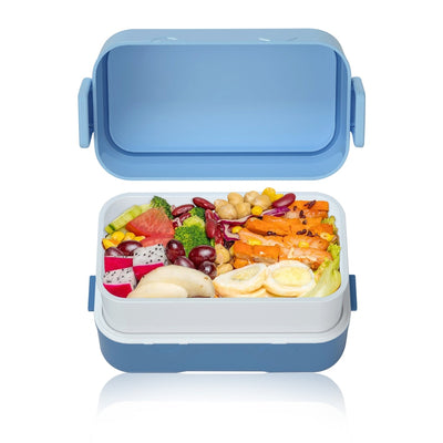 Double Decker tic-tac-toe Lunch Box w/ Bento Compartment Splitter Sauce Box and Spoon-Blue (1200ml)