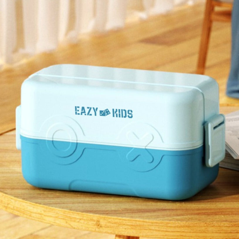 Double Decker tic-tac-toe Lunch Box w/ Bento Compartment Splitter Sauce Box and Spoon-Blue (1200ml)