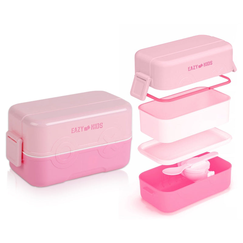 Double Decker tic-tac-toe Lunch Box w/ Bento Compartment Splitter Sauce Box and Spoon-Pink (1200ml)