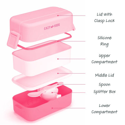 Double Decker tic-tac-toe Lunch Box w/ Bento Compartment Splitter Sauce Box and Spoon-Pink (1200ml)