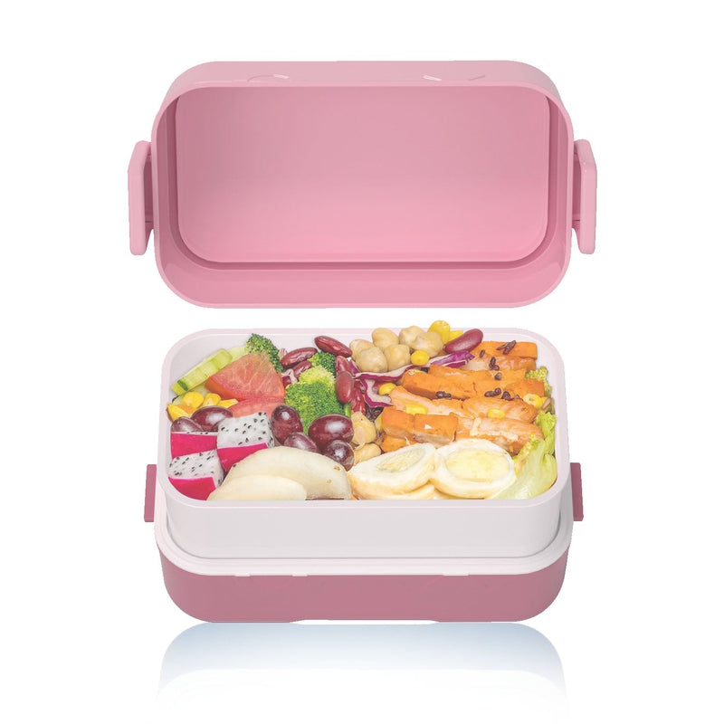 Double Decker tic-tac-toe Lunch Box w/ Bento Compartment Splitter Sauce Box and Spoon-Pink (1200ml)