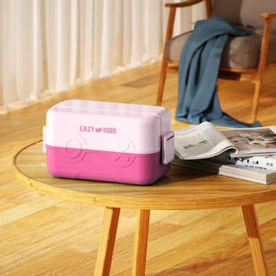 Double Decker tic-tac-toe Lunch Box w/ Bento Compartment Splitter Sauce Box and Spoon-Pink (1200ml)