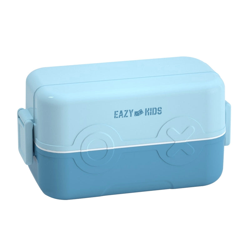 Double Decker tic-tac-toe Lunch Box w/ Bento Compartment Splitter Sauce Box and Spoon-Blue (1200ml)