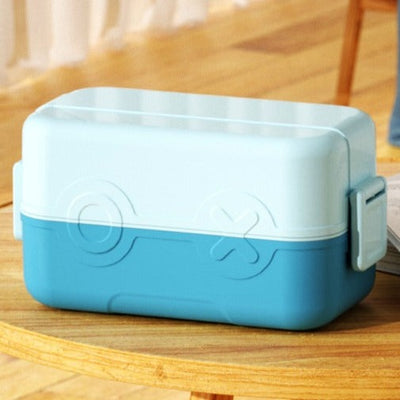 Double Decker tic-tac-toe Lunch Box w/ Bento Compartment Splitter Sauce Box and Spoon-Blue (1200ml)