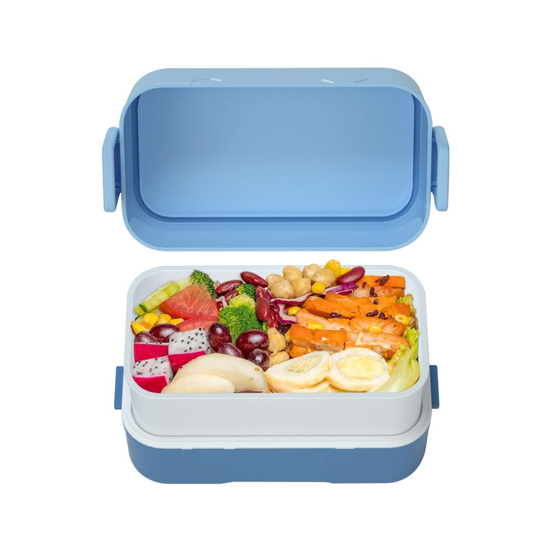 Double Decker tic-tac-toe Lunch Box w/ Bento Compartment Splitter Sauce Box and Spoon-Blue (1200ml)