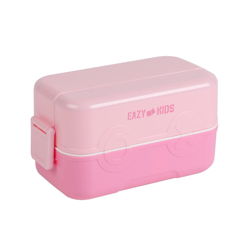 Double Decker tic-tac-toe Lunch Box w/ Bento Compartment Splitter Sauce Box and Spoon-Pink (1200ml)