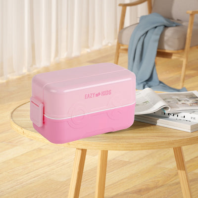 Double Decker tic-tac-toe Lunch Box w/ Bento Compartment Splitter Sauce Box and Spoon-Pink (1200ml)