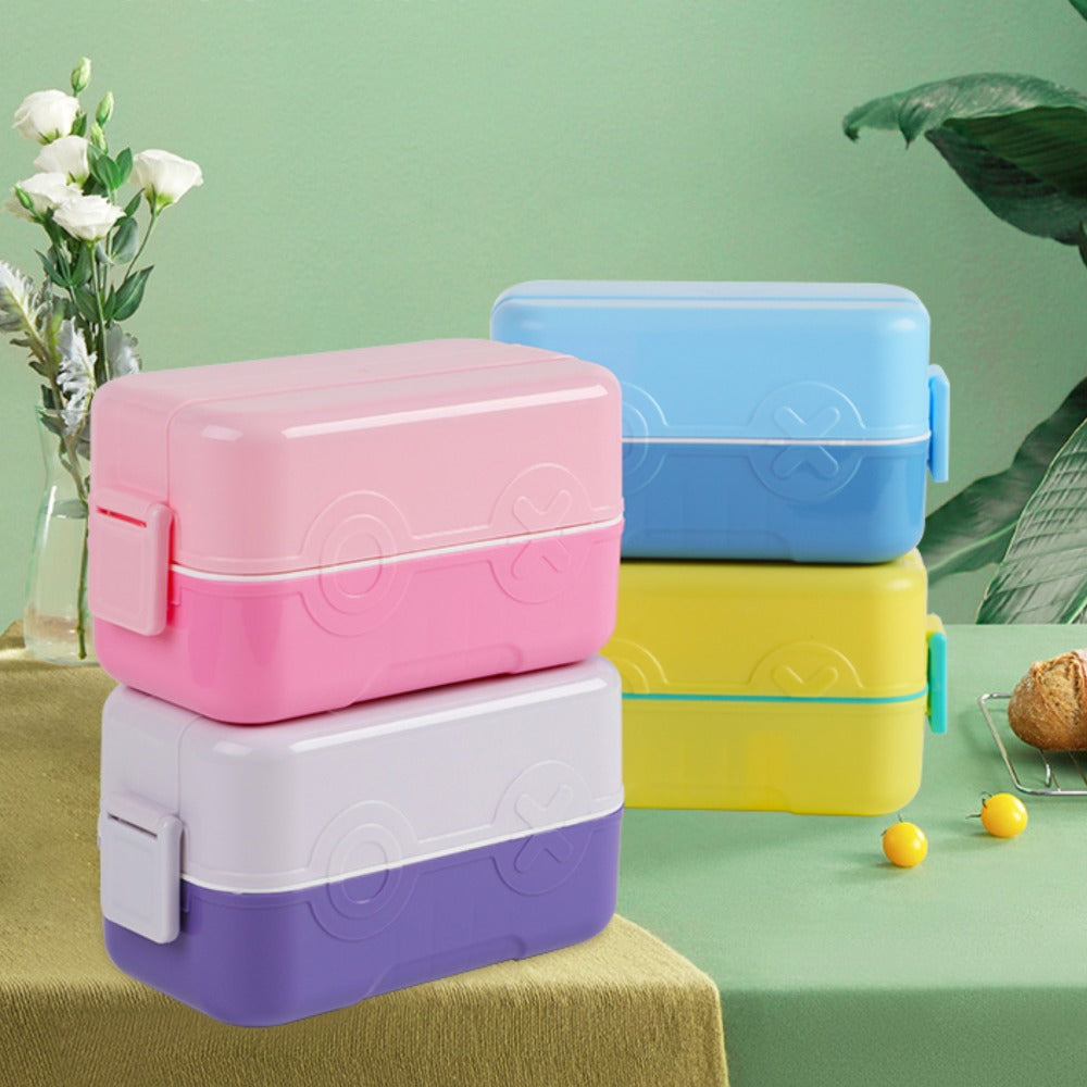 Double Decker tic-tac-toe Lunch Box w/ Bento Compartment Splitter Sauce Box and Spoon-Pink (1200ml)