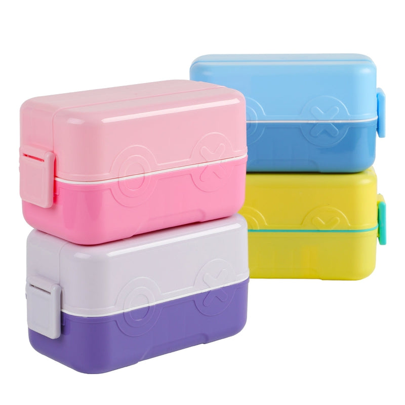 Double Decker tic-tac-toe Lunch Box w/ Bento Compartment Splitter Sauce Box and Spoon-Pink (1200ml)