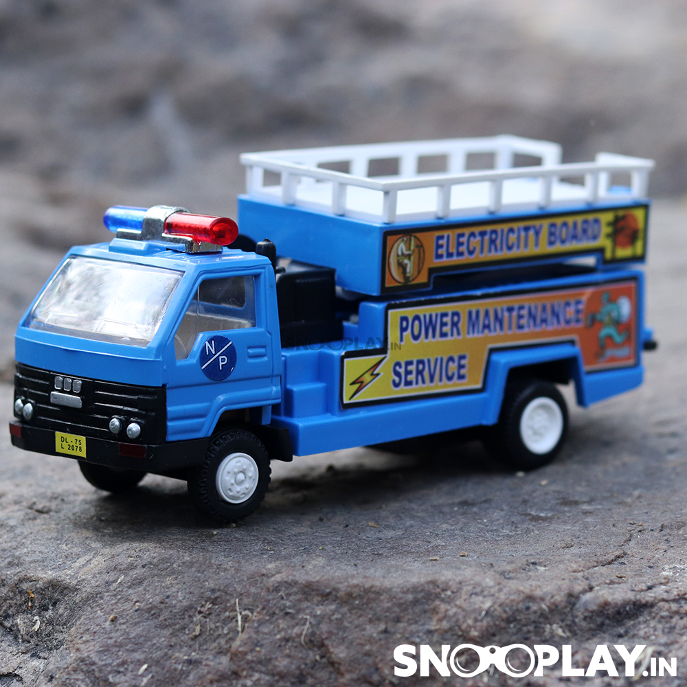 The blue coloured break down electric service toy truck of length 7.6 inches.