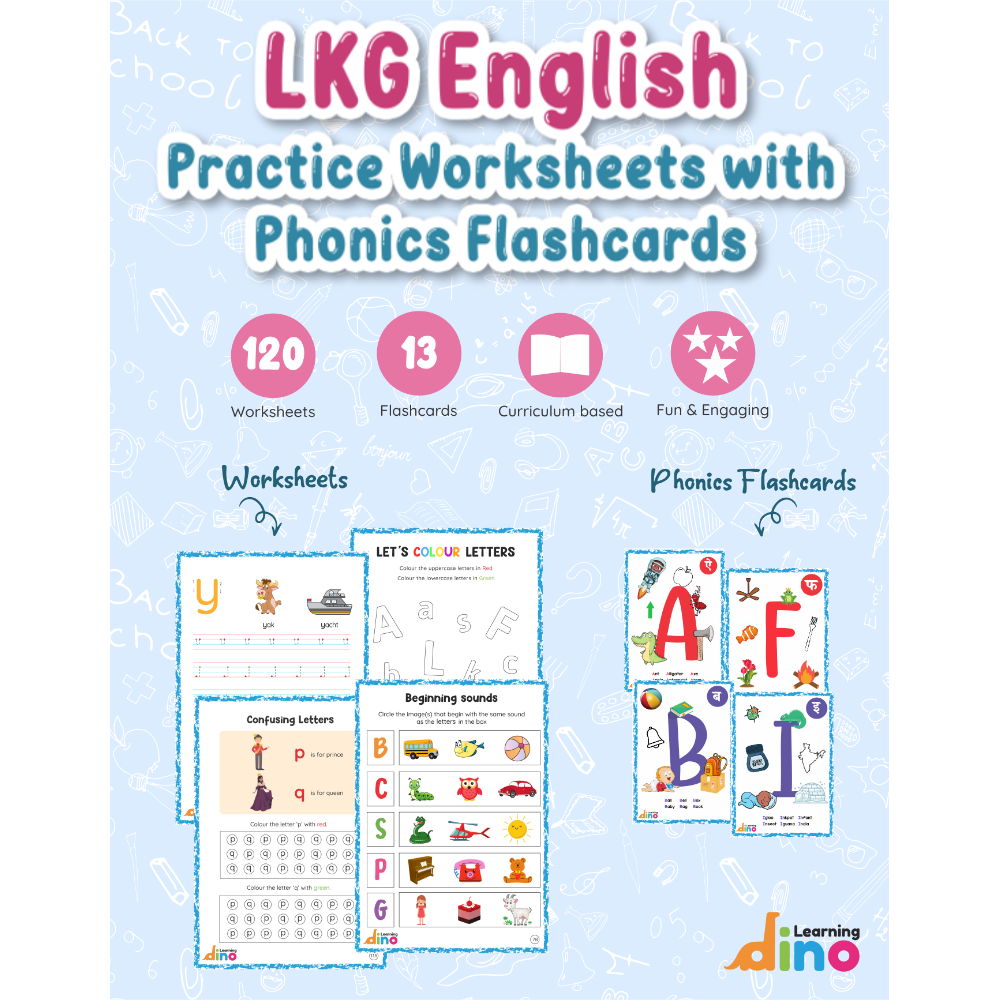 LKG English Practice Worksheets with Phonics Flashcards